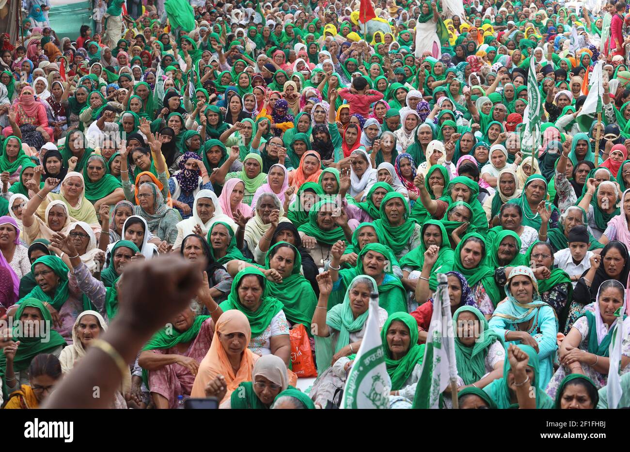 Indian women farmers from Haryana and Punjab seen seated on the road side while shouting anti-government slogans at the protest sites, Tikri border (Delhi-Haryana Border) during ongoing protest against the Centers new agricultural laws.Thousands of women farmer and family member of farmers gathered at Delhi borders on the International Women Day. Stock Photo