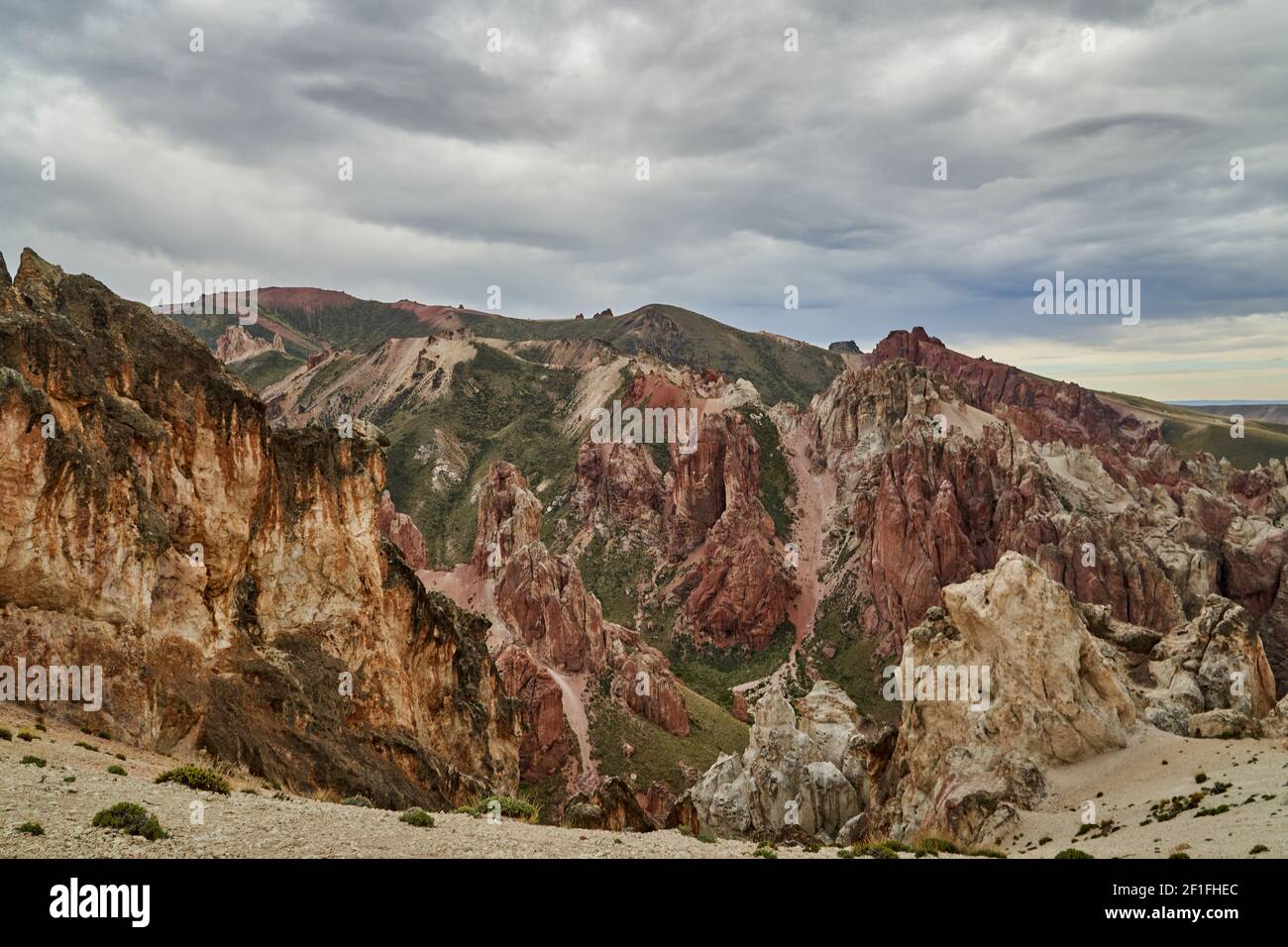 Landscape of Andean Mountains at Rio Jeinemeni close to Cile Chico at Lago General Carrera. Moon Valley, Patagonia, Argentina, South America Stock Photo