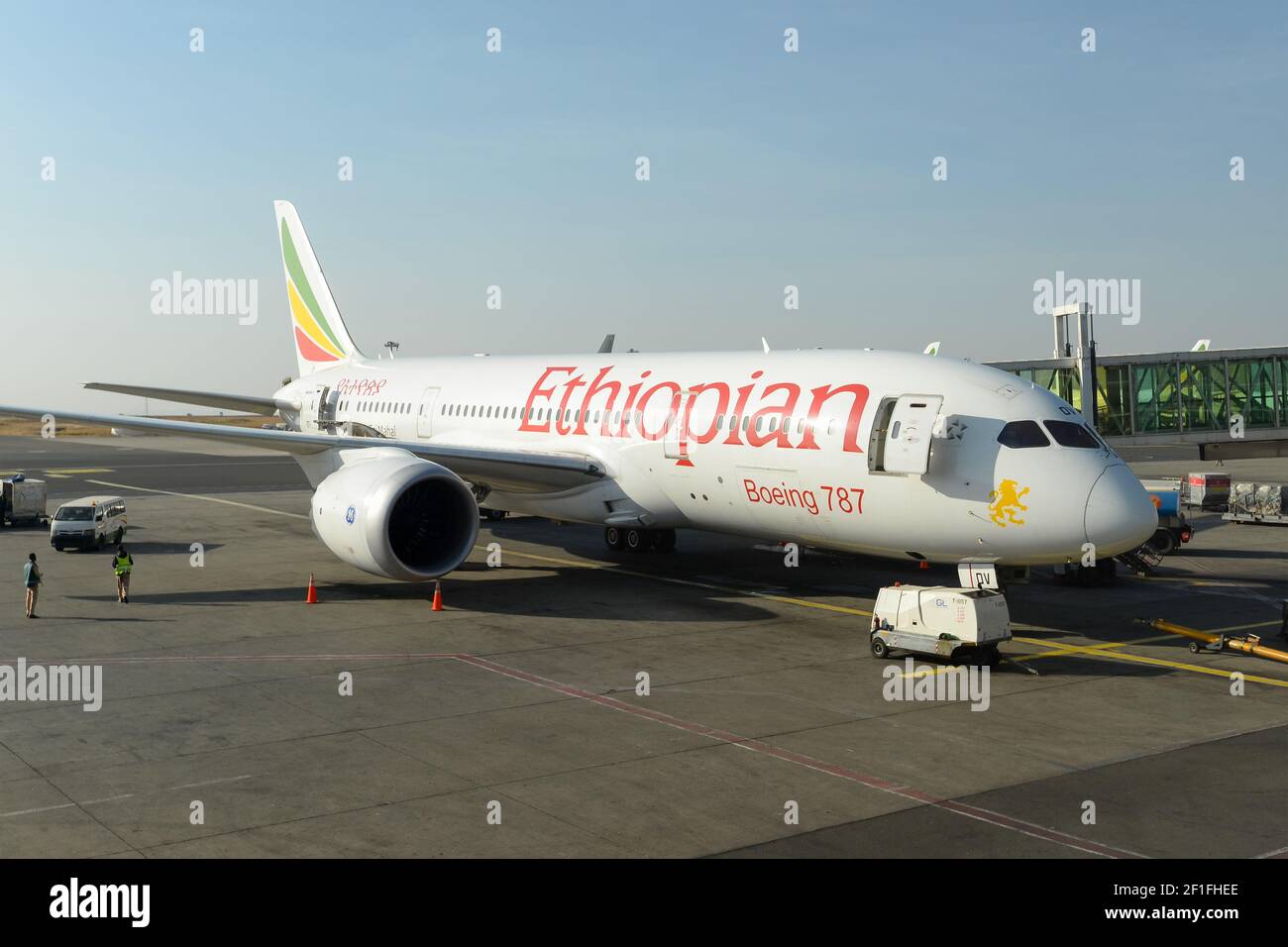 Ethiopian Airlines Boeing 787 airplane parked at Addis Ababa Bole International Airport in Ethiopia. B787 Dreamliner aircraft. Stock Photo