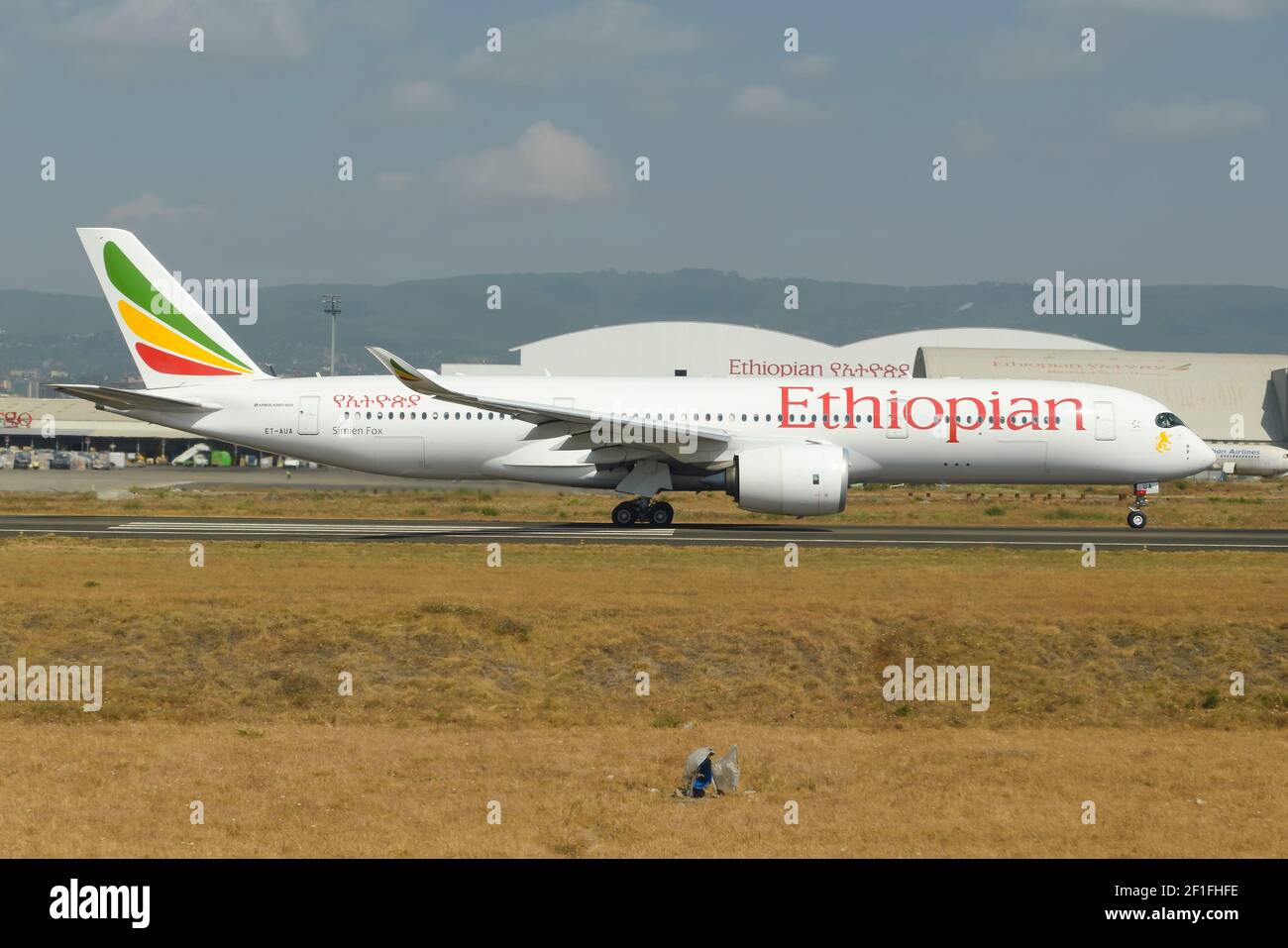 Ethiopian Airlines Airbus A350 aircraft at Addis Ababa Bole International Airport in Ethiopia, the hub of Ethiopian Air Lines. Airplane A350-900. Stock Photo