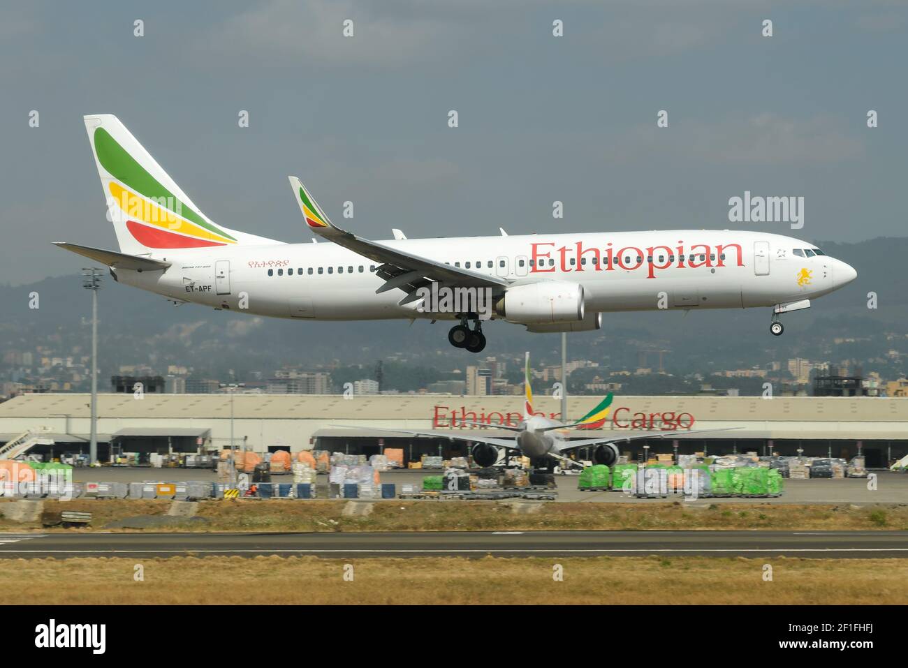 Ethiopian Airlines Boeing 737 aircraft at Addis Ababa Bole International Airport in Ethiopia, the hub of Ethiopian Air Lines. Airplane ET-APF 737-800 Stock Photo