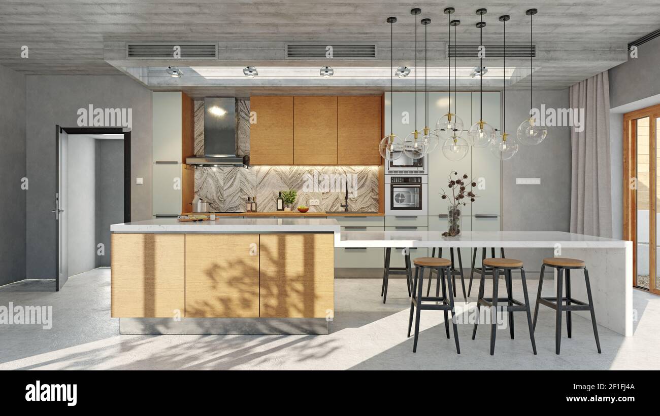 modern loft style kitchen interior. 3d rendering design concept Stock ...