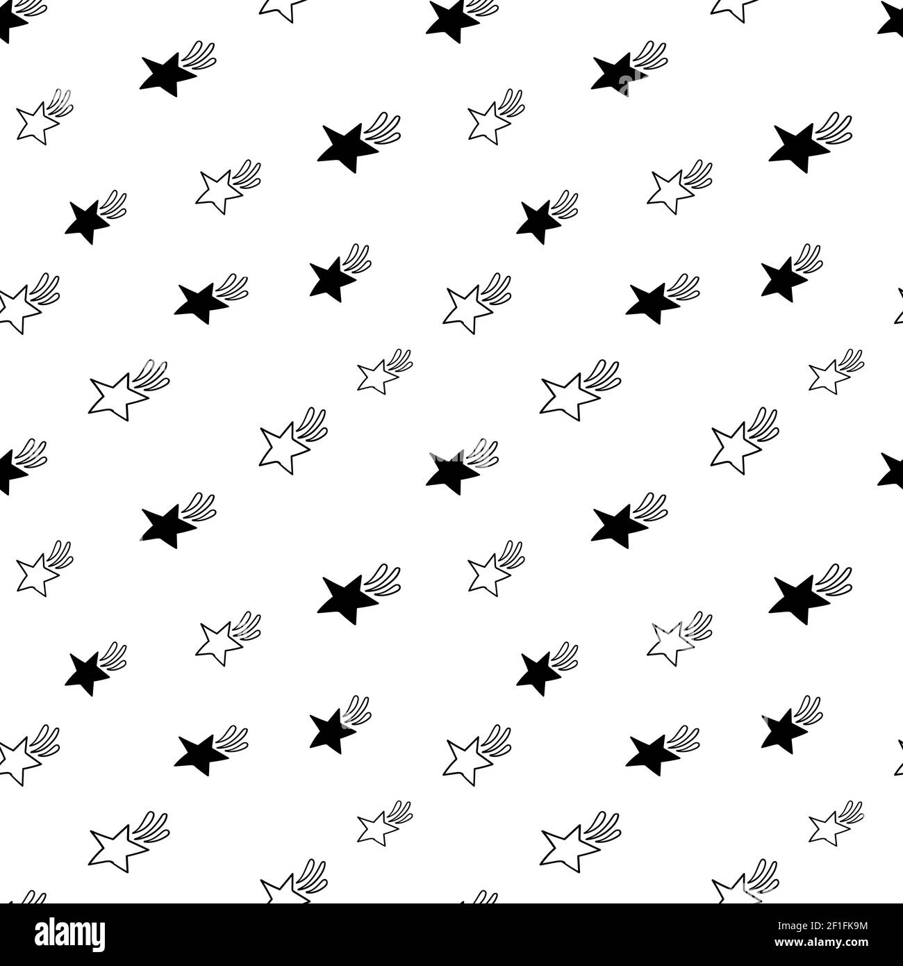 Star seamless pattern, black and white hand-drawn astral doodle digital ...