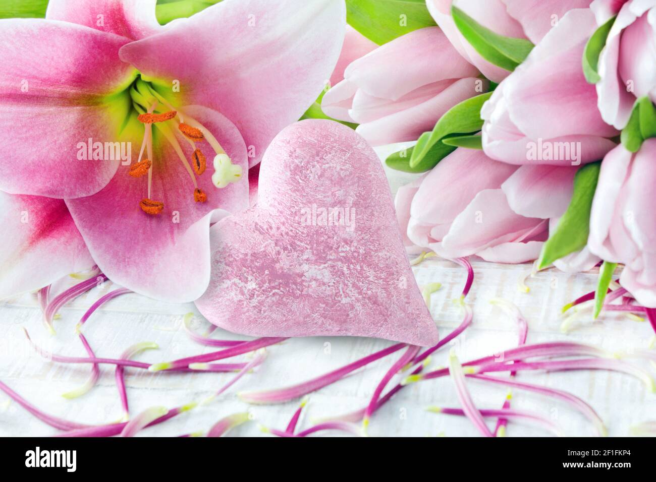 Romantic Tulips and Lily with love heart Stock Photo