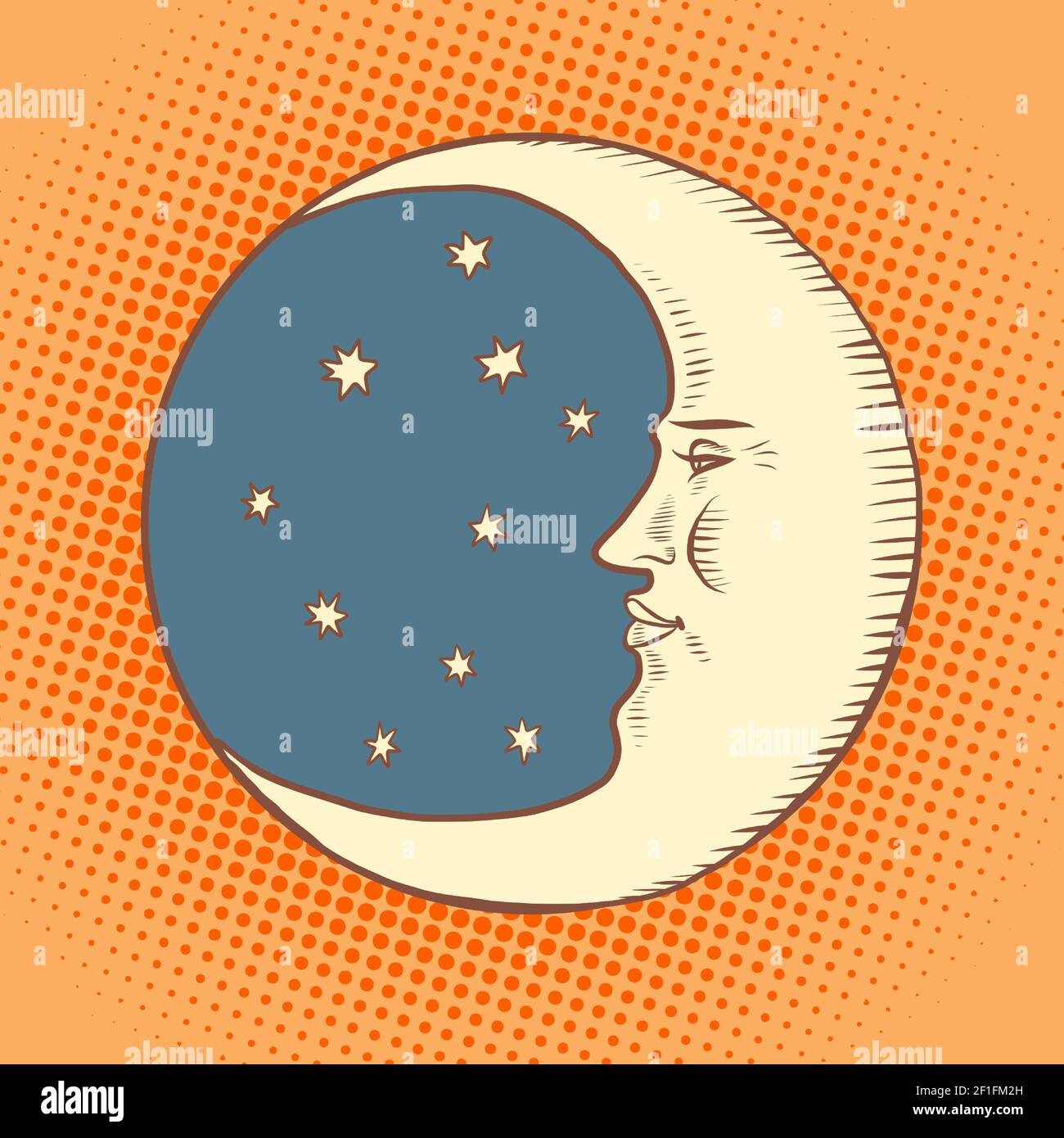 Luna is a character. A crescent moon in the night sky. Face Stock Vector