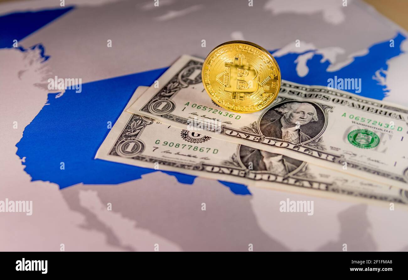 Bitcoin and padlock over US dollar and map Stock Photo - Alamy