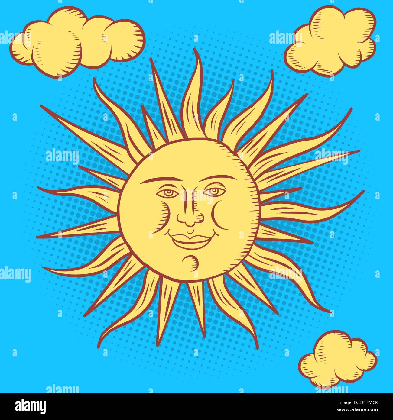 sun character. round face stylized retro style Stock Vector