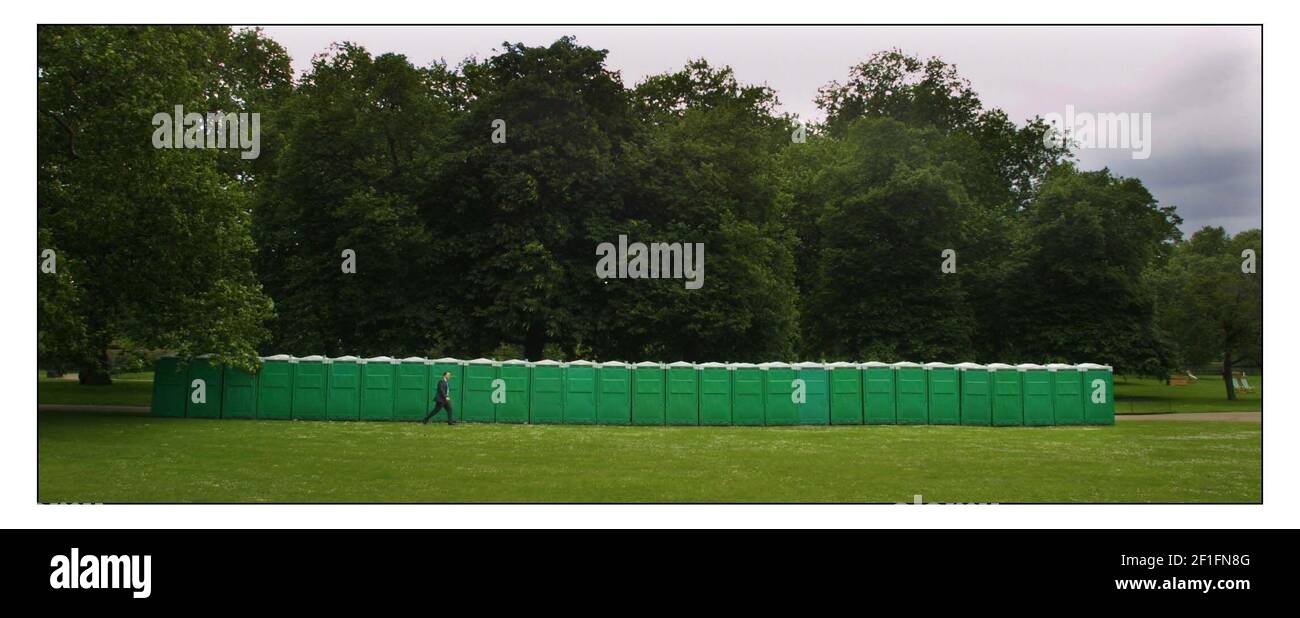 Preparations for the Jubilee celebration in and around the Mall, Buckingham Palace.Essential toilets in Green Park pic David Sandison 30/5/2002 Stock Photo