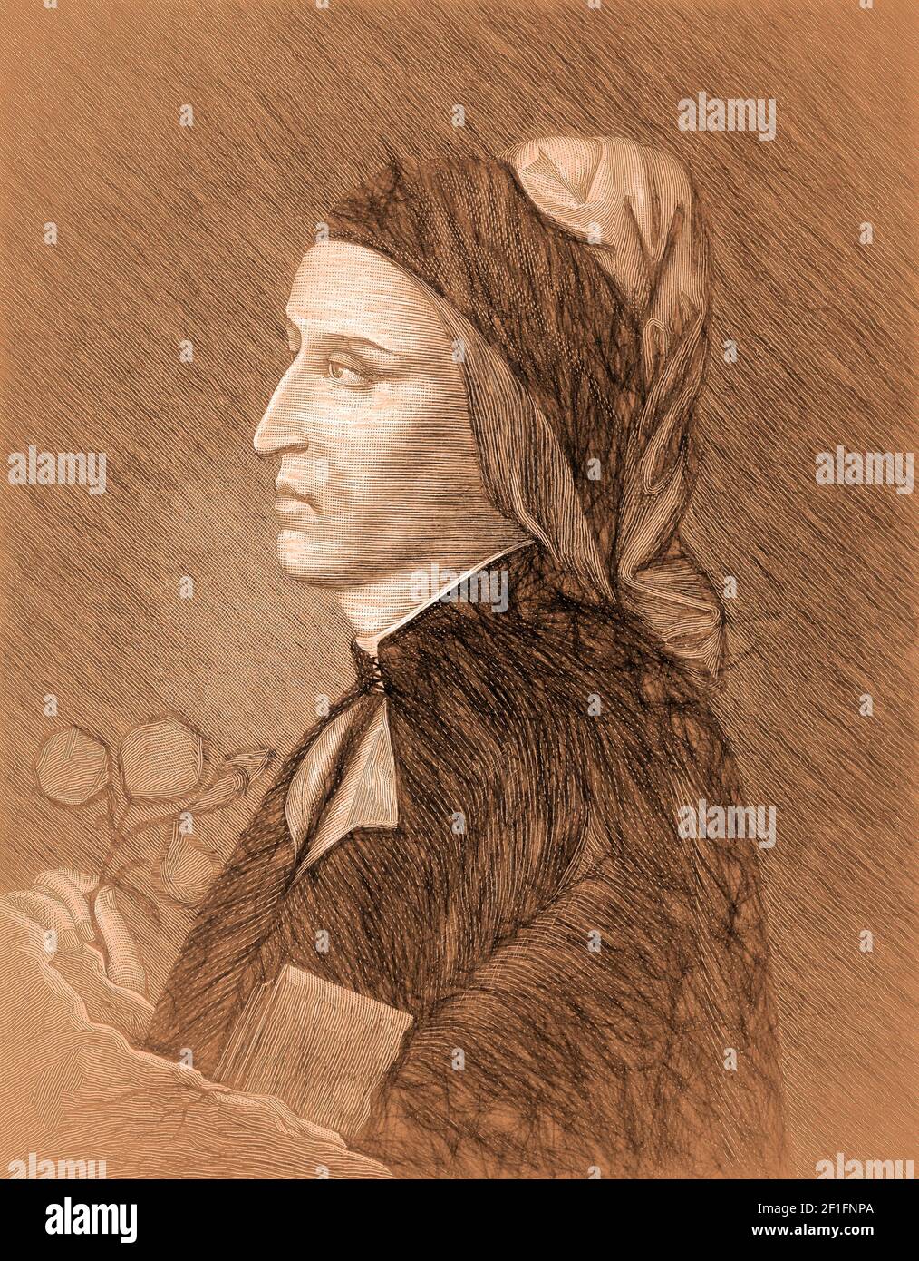 Dante Alighieri Italian poet portrait on a dark red background as  recollection of his Divine Comedy Inferno.Content made with generative AI  not based on real person. ilustração do Stock