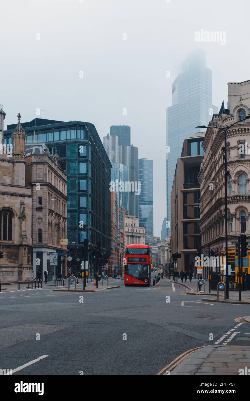 London, UK - March 2021:   The City of London with quiet streets during the third national lockdown Stock Photo
