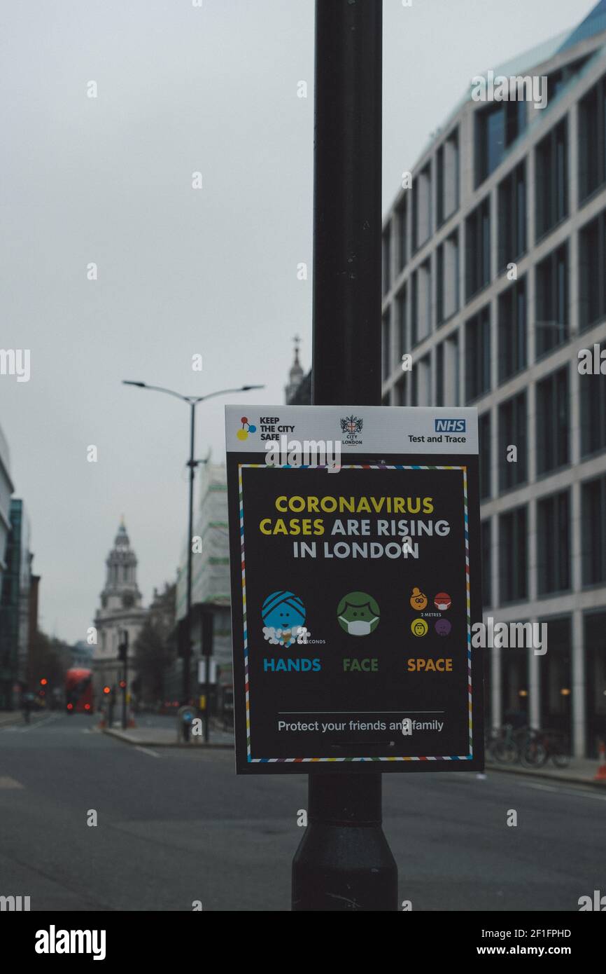 London, UK - March 2021. Sign in Central London during third national lockdown during Coronavirus covid-19 pandemic Stock Photo