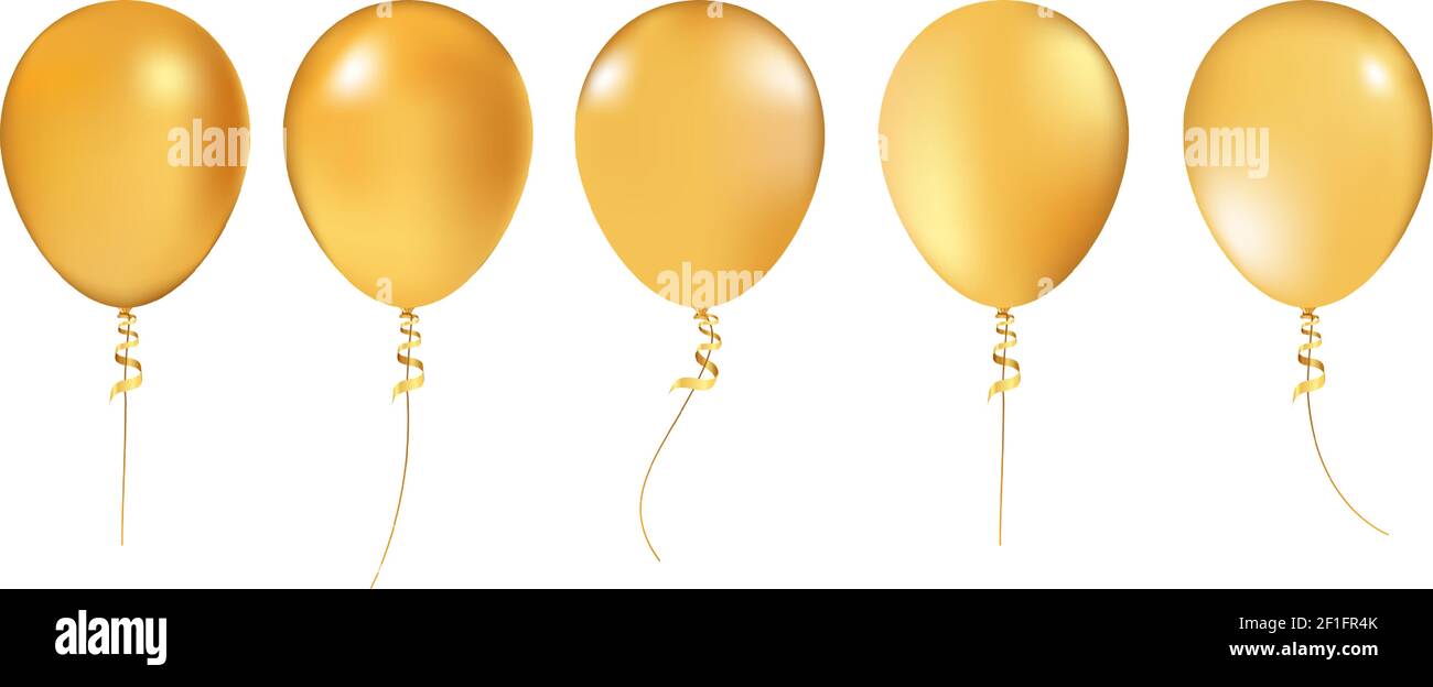 Realistic 3D Gold helium balloons on white background. Set of shiny ...