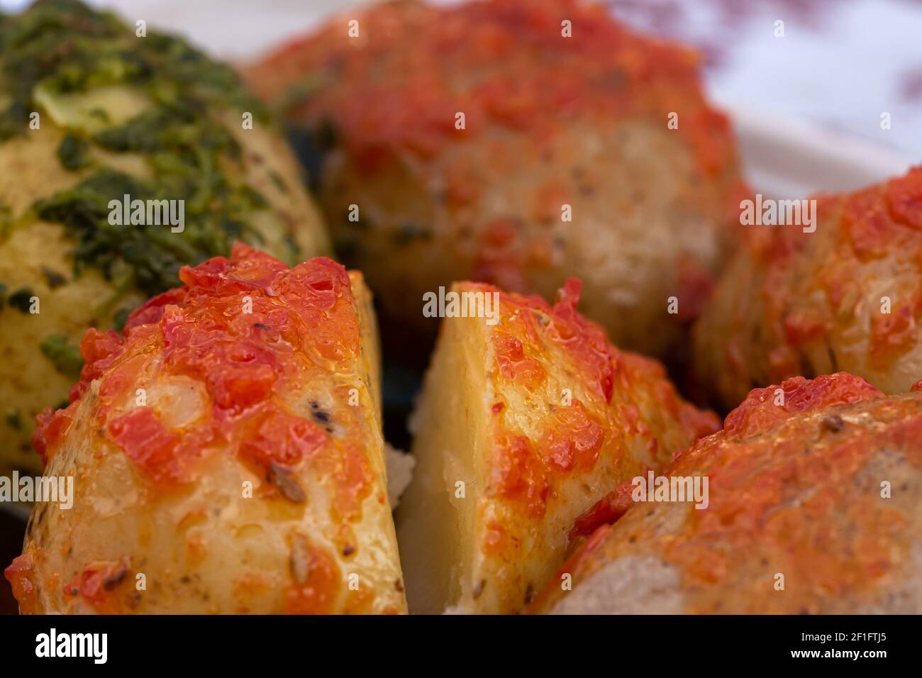 The typical dish of the Canary Islands, Papas Arrugas with spicy Mojo Picon sauce Stock Photo