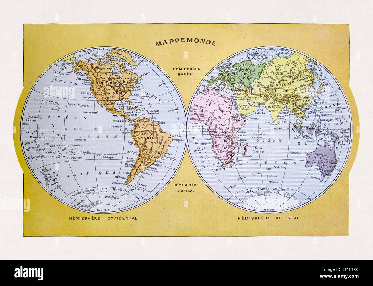 Old world map printed in the french dictionary 'Dictionnaire complet illustré' by the editor Larousse in 1889. Stock Photo