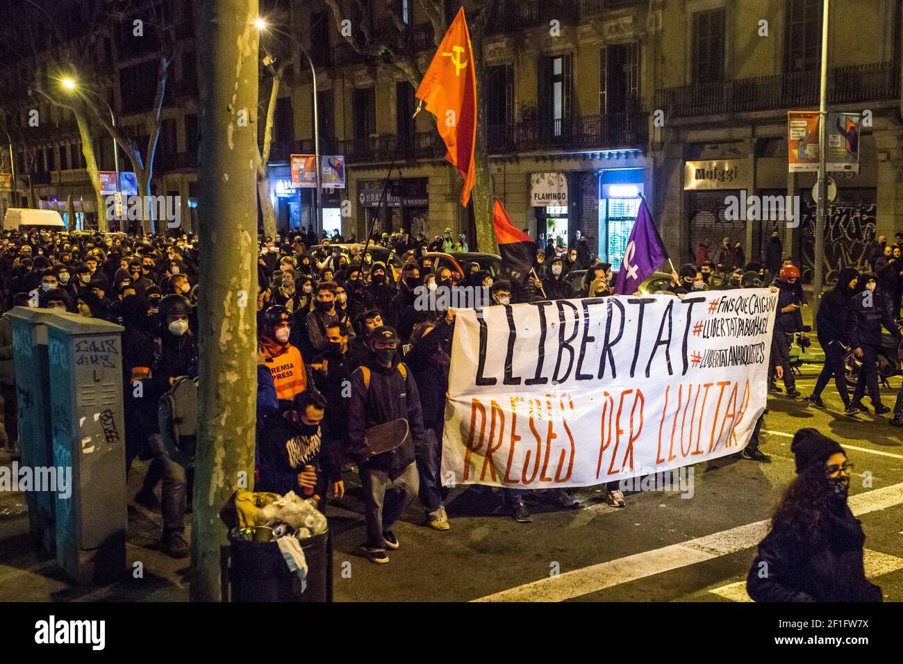 Barcelona Catalonia Spain 6th Mar 21 Protesters Are Seen With A Banner That Reads Freedom Imprisoned For Fighting After A Week Since The Last Demonstration In Barcelona For The Freedom Of The Rapper