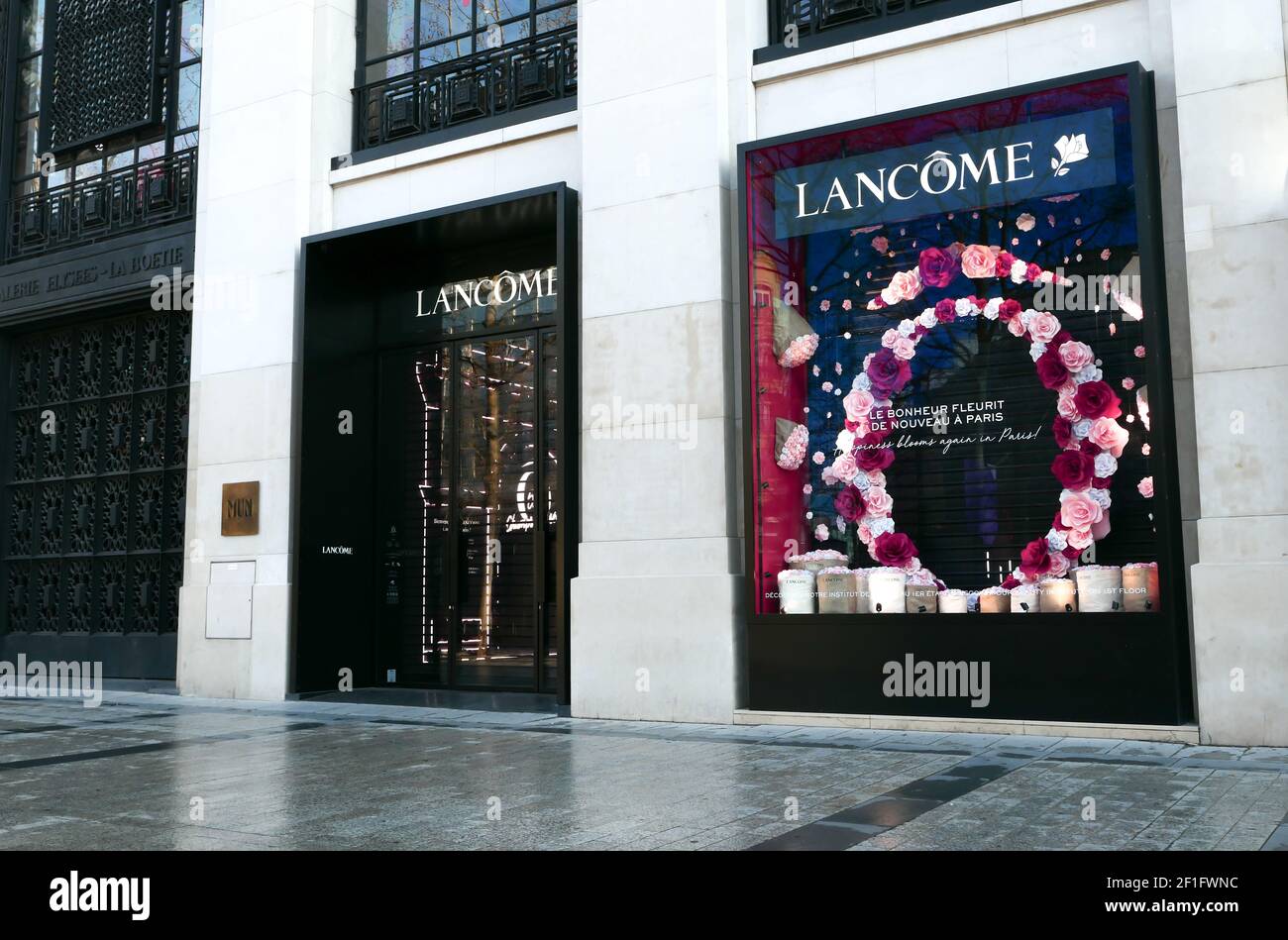 Paris, France. March 07. 2021. Facade of the Lancome perfumery located on the Avenue of Champs-Elysées. Stock Photo