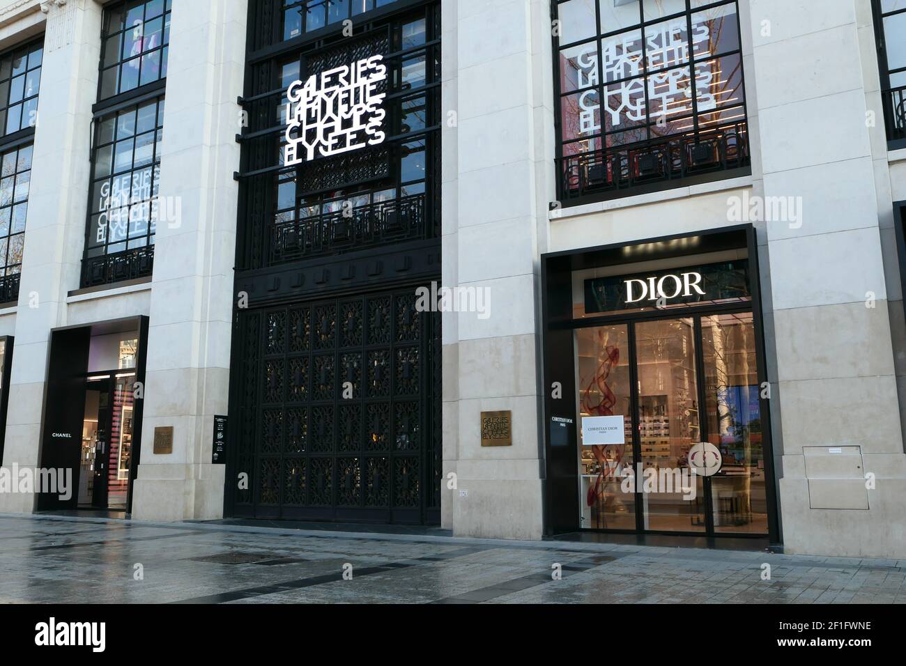 Paris, France. March 07. 2021. View of the Galeries Lafayette from the avenue des Champs-Elysées. Luxury and prestigious boutiques from designer Dior Stock Photo