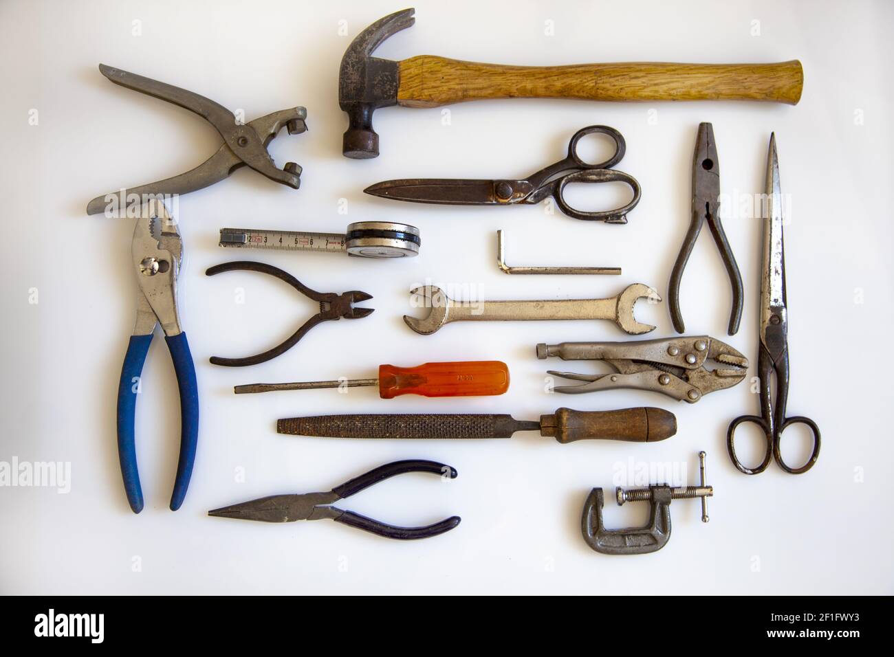 A top view of vintage metalwork tools isolated on a white background Stock  Photo - Alamy