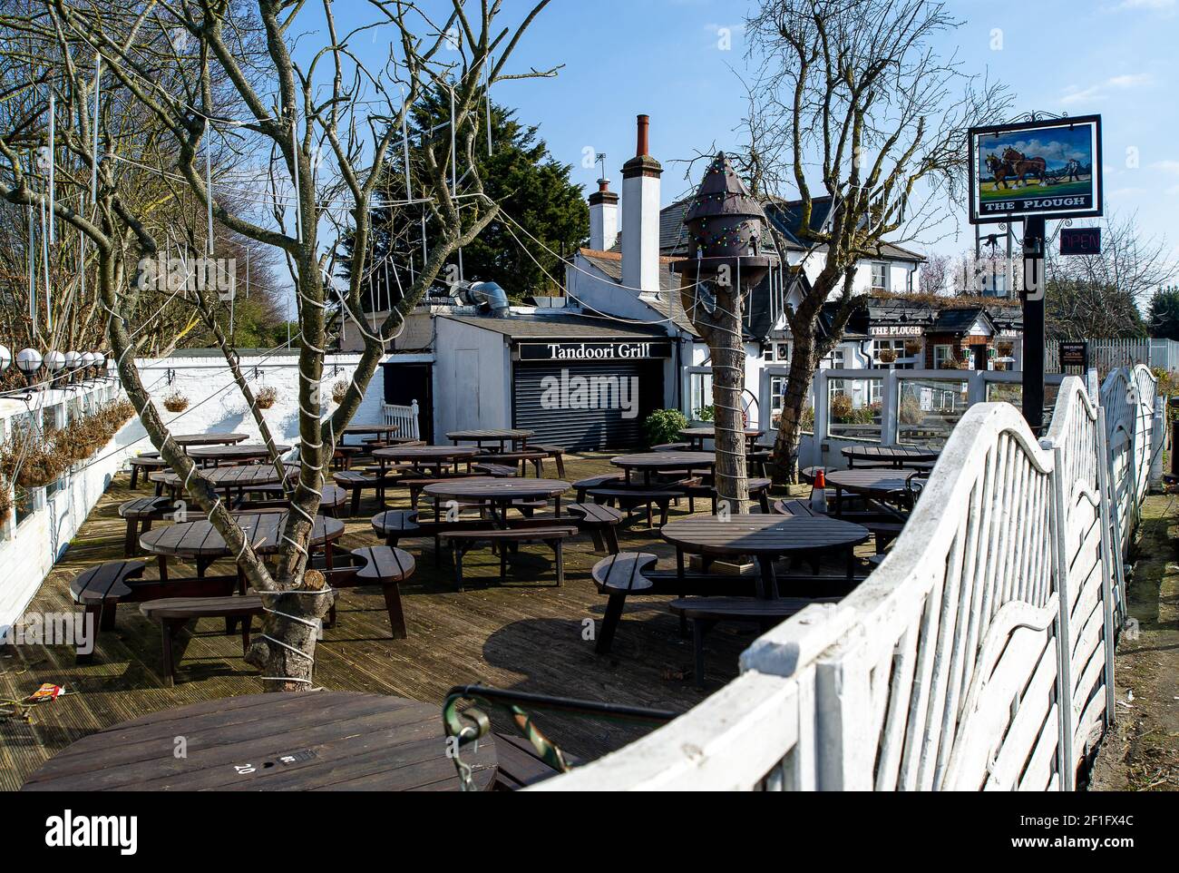 Sipson, West Drayton, UK. 7th March, 2021. The Plough pub in Sipson, West Drayton. Pub landlords are counting the days until they can reopen their pub gardens to customers again once the Covid-19 Coronavirus lockdown eases. Credit: Maureen McLean/Alamy Stock Photo