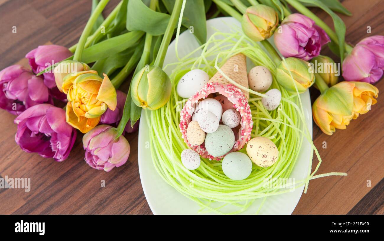 Easter eggs in waffle cone Stock Photo