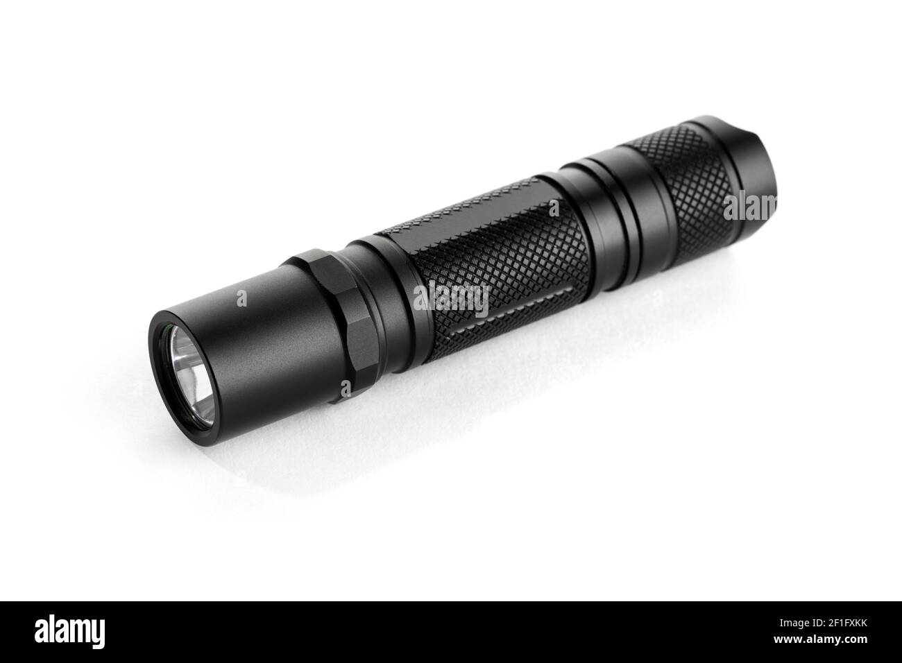 Modern aluminum Pocket Flashlight isolated on white background Stock Photo