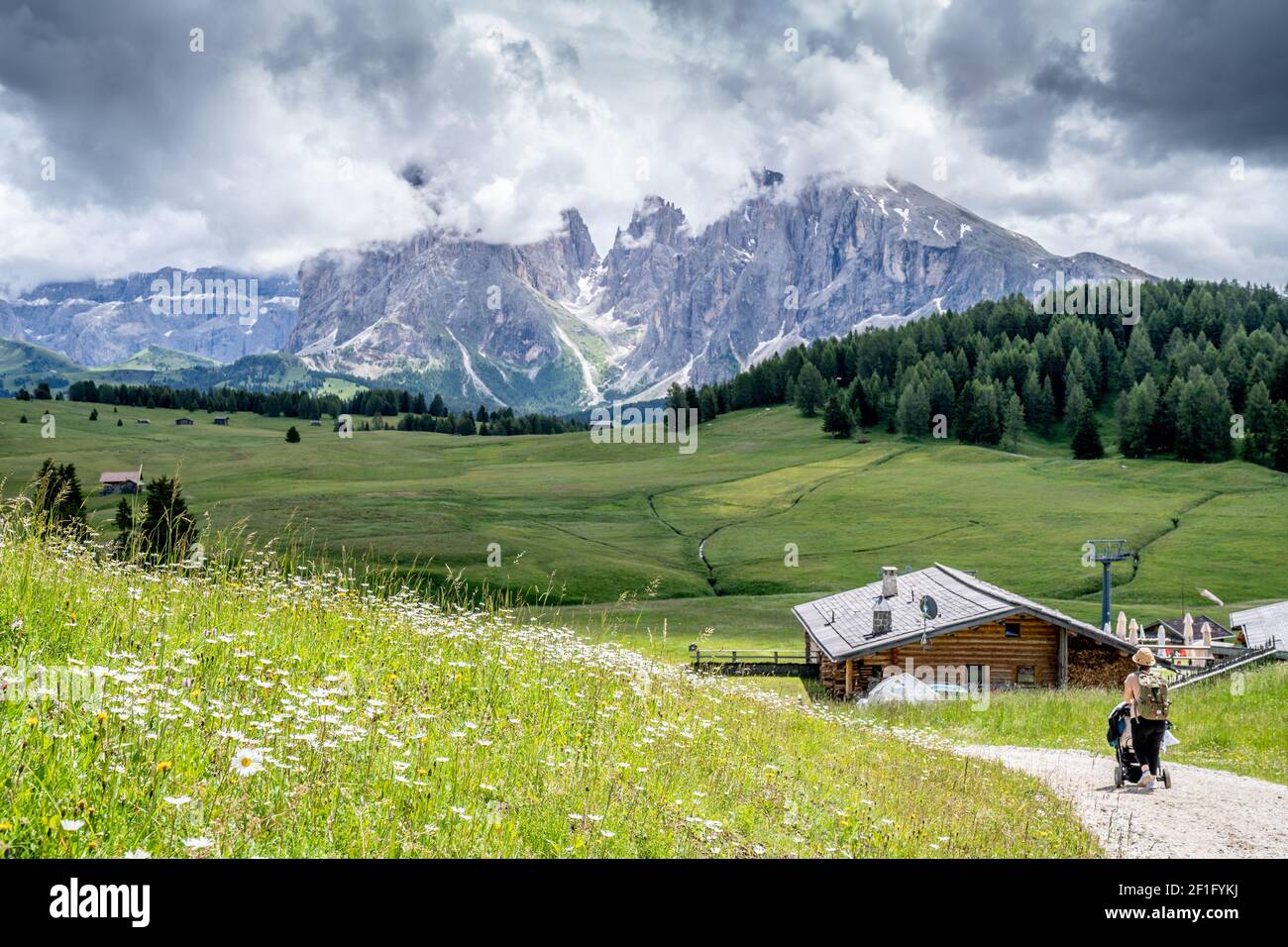 Hiking with a baby around seiser alm in the dolomites Stock Photo