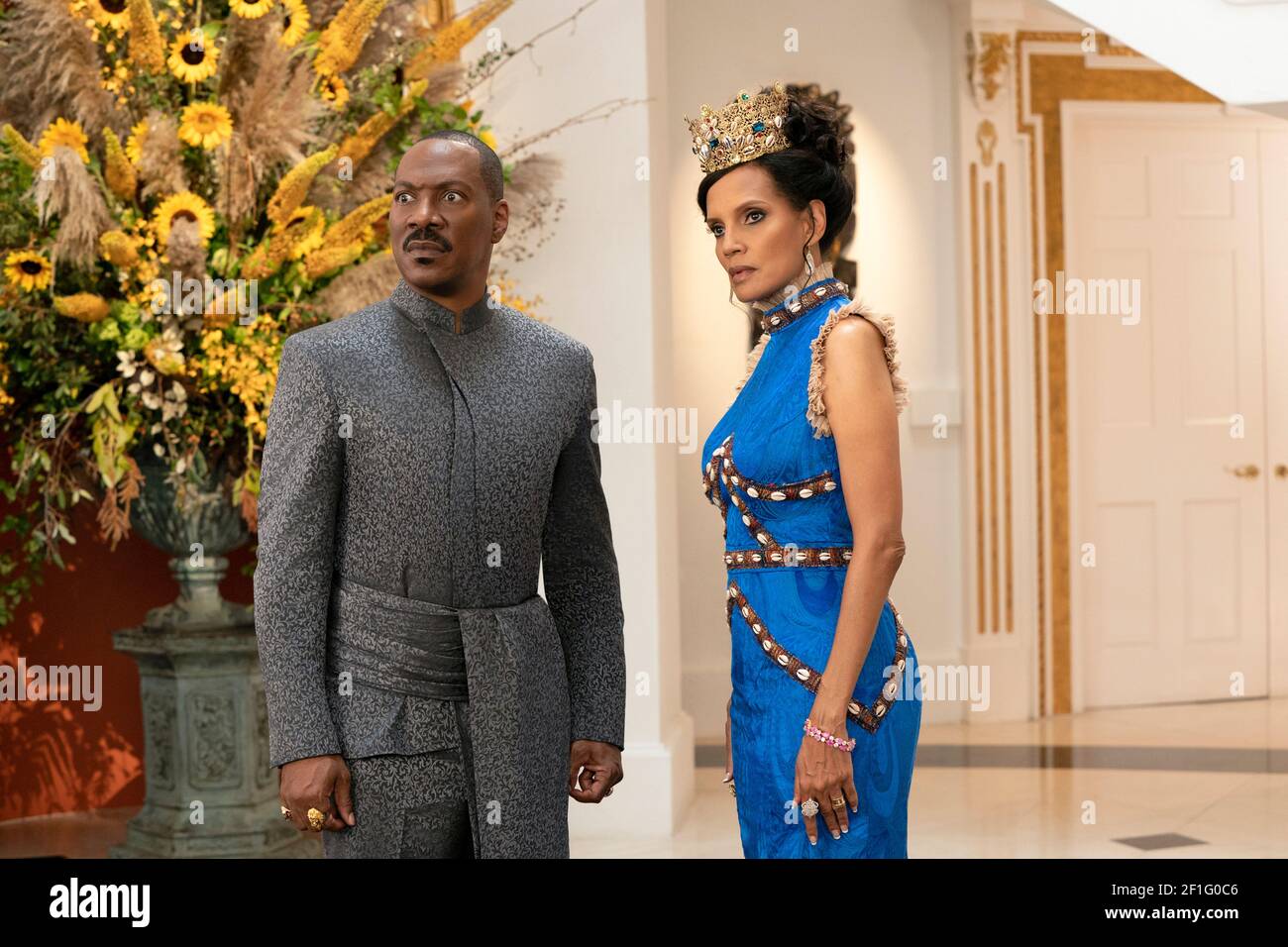 Coming 2 America (2021) directed by Craig Brewer and starring Eddie Murphy as Prince Akeem and Shari Headley as Lisa in this sequel to the 1988 Coming to America. Stock Photo