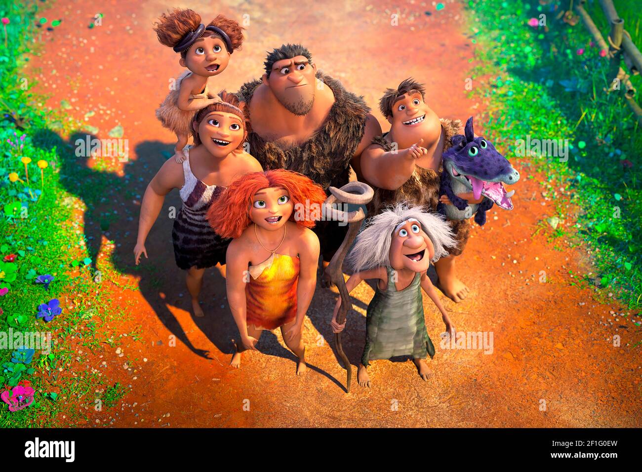 The Croods: A New Age (2020) directed by Joel Crawford and starring Nicolas Cage, Emma Stone and Ryan Reynolds . The prehistoric family the Croods are challenged by a rival family the Bettermans, who claim to be better and more evolved. Stock Photo