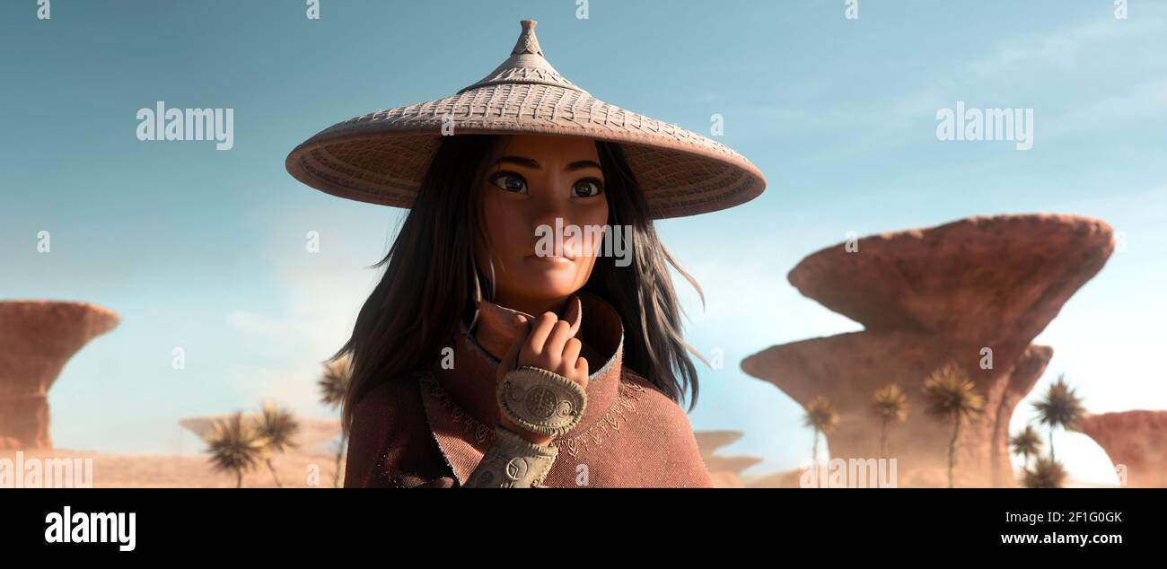 Raya and the Last Dragon (2021) directed by  Don Hall and Carlos López Estrada and starring Alan Tudyk, Kelly Marie Tran and Gemma Chan. In a realm known as Kumandra, a re-imagined Earth inhabited by an ancient civilization, a warrior named Raya is determined. Stock Photo