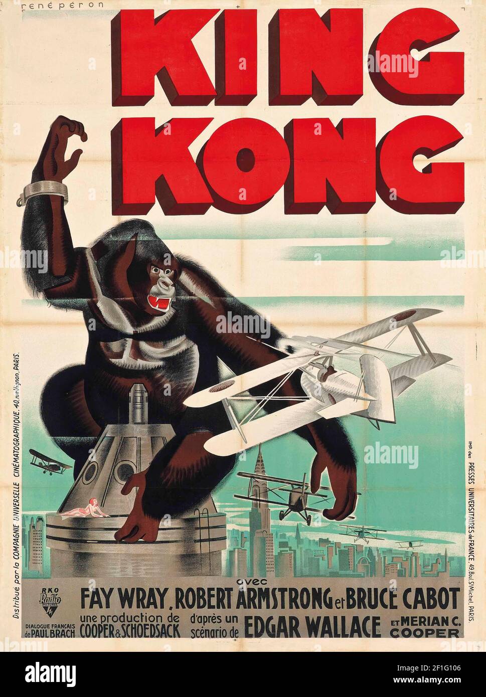 Classic movie poster, old and vintage. King Kong. 1933. French version. Feat. Fay Wray, Robert Armstrong and Bruce Cabot. Stock Photo