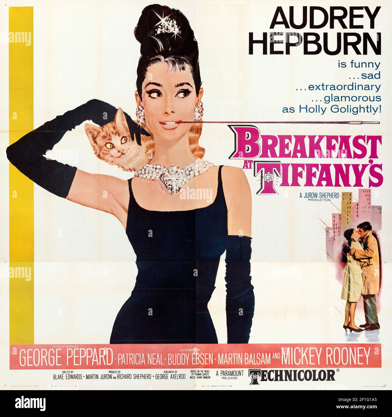 Breakfast at Tiffany's is a 1961 American romantic comedy film directed by Blake Edwards. Feat. Audrey Hepburn, George Peppard, Mickey Rooney. Stock Photo