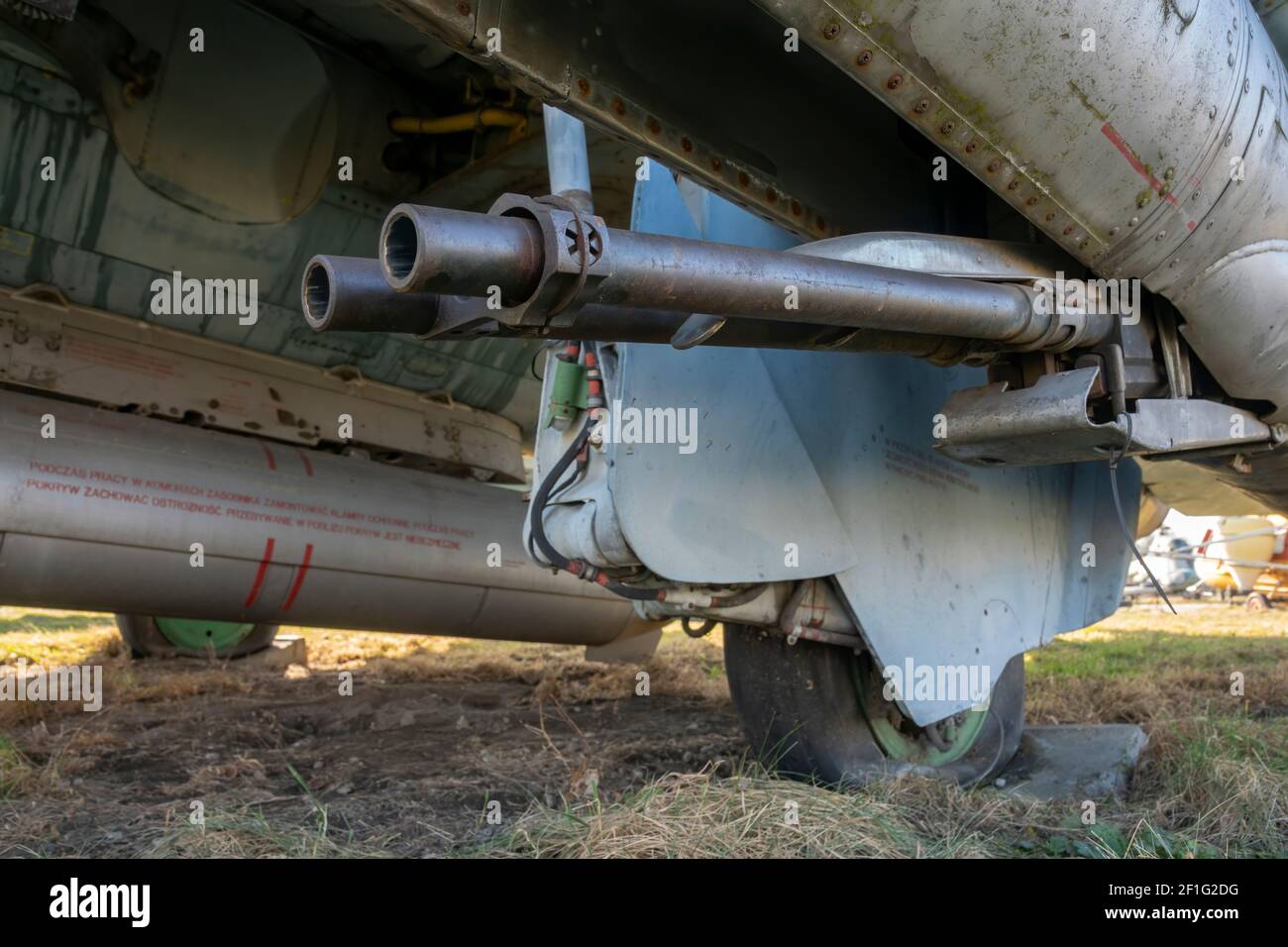 Sukhoi Su-22M4 -  The SPPU-22-01 shooting container with the GSz-23 double-barreled mobile cannon  - Polish Aviation Museum, Krakow, Poland, Europe Stock Photo