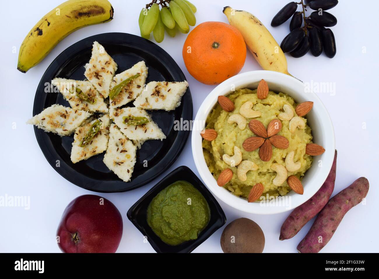 Farali dishes items like White farali gujarati dhokla with green mint