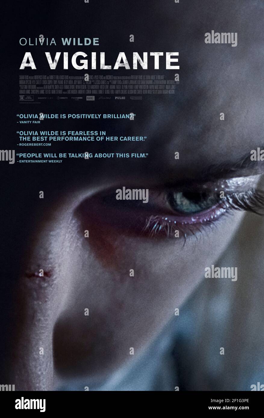 A Vigilante (2018) directed by Sarah Daggar-Nickson and starring Olivia Wilde, Morgan Spector and Kyle Catlett. After escaping her violent husband, Sadie makes it her life's mission to help free others in danger. Stock Photo
