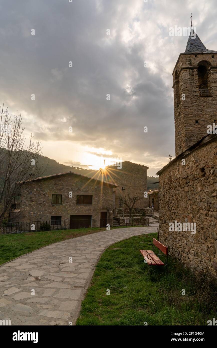 A view of the church and village of Arseguel in the Pyrenees mountains of Catalonia Stock Photo