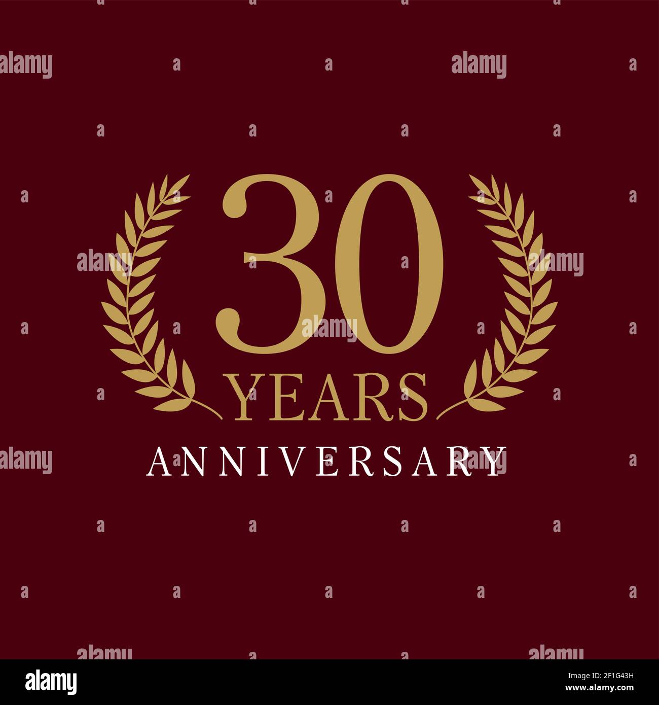 30 years old luxurious logo. Anniversary year of 30 th vector gold colored template framed of palms. Greetings ages celebrates. Celebrating laurel bra Stock Vector