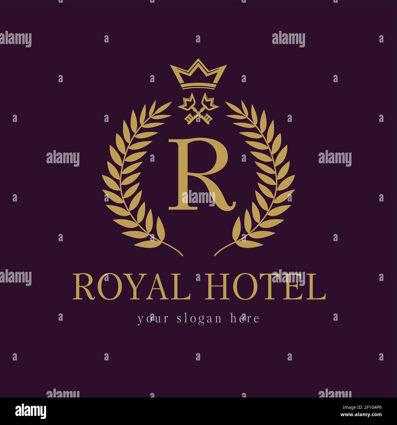 R company logo. Luxurious hotel. Coat of arms, gold colored round royalty classic symbol template. Decorative traditional branch of grapes in circle, Stock Vector