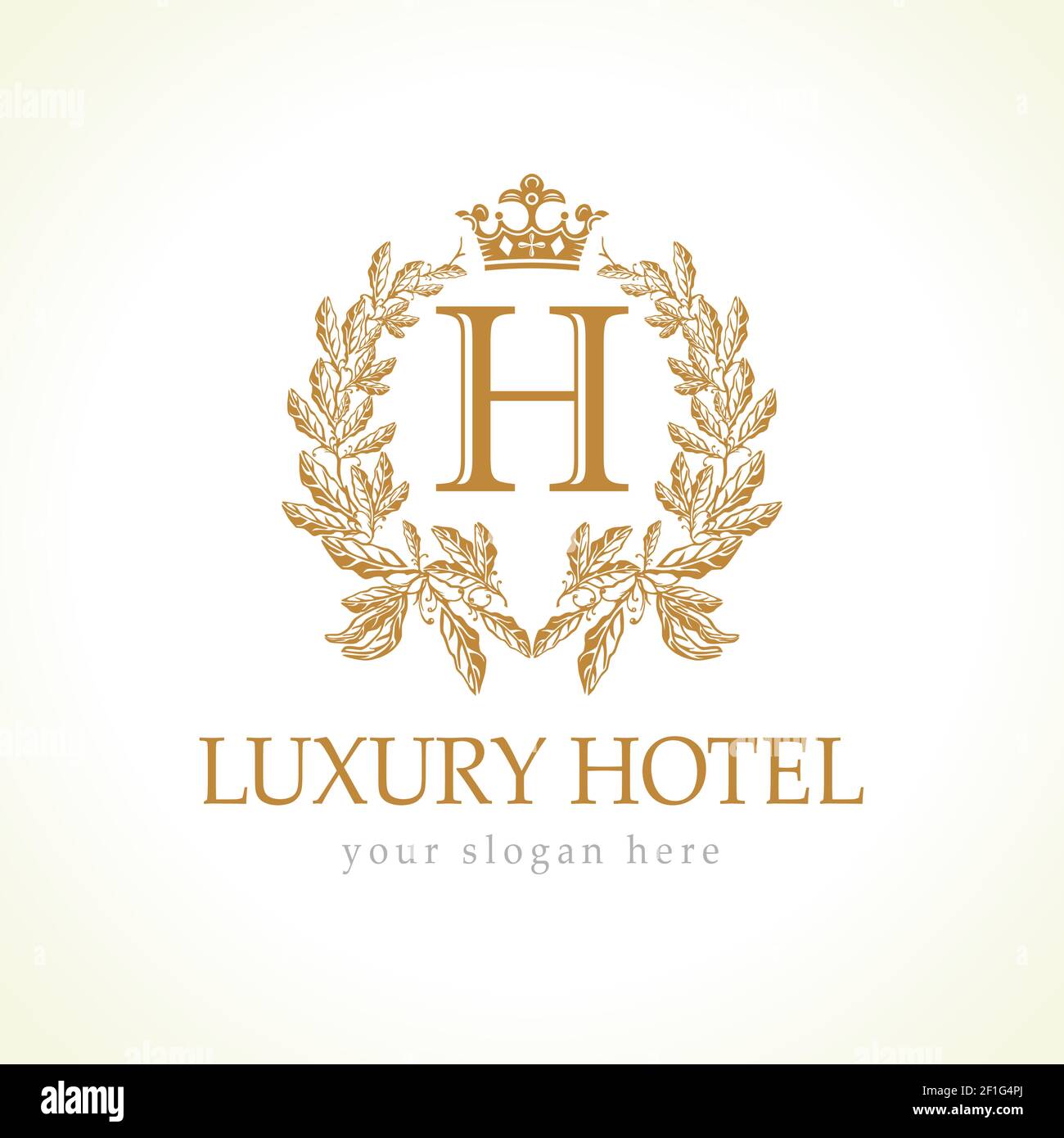 H company logotype. Luxurious hotel. Coat of arms, gold colored royalty heraldry. Decorative creative sign, branch of grapes and crown. Isolated abstr Stock Vector