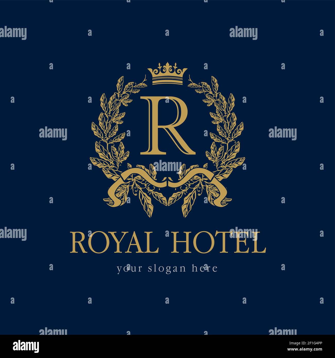 R company logotype. Royal hotel. Coat of arms, gold colored royalty heraldry. Decorative creative sign, branch of grapes and crown. Isolated abstract Stock Vector