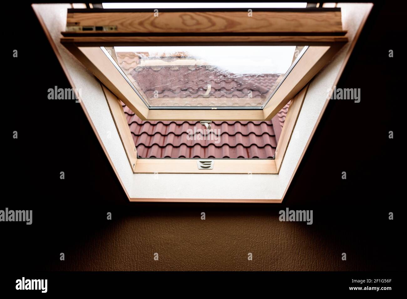 Open wooden attic window Stock Photo Alamy