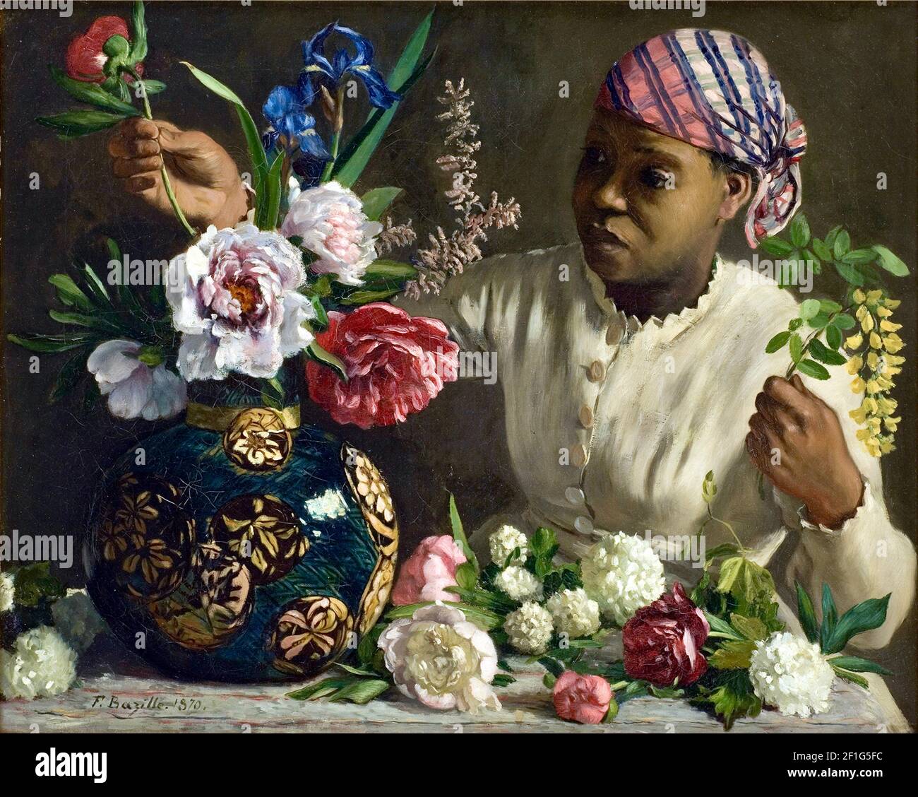 Frederick Bazille artwork entitled Woman with Peonies. Woman of Colour arranging beautiful floral display. Stock Photo