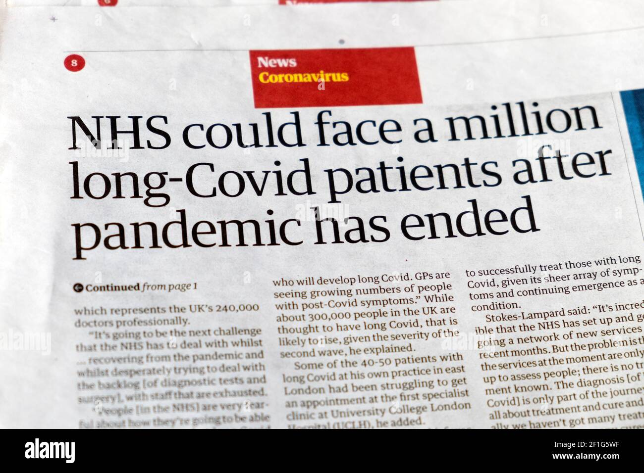 'NHS could face a million long-Covid patients after pandemic has ended' coronavirus Guardian newspaper headline long-covid patients article 2021 UK Stock Photo