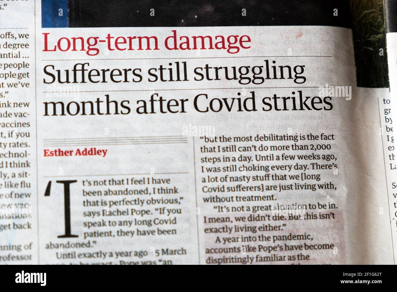'Long-term damage Sufferers still struggling months after Covid strikes' Guardian newspaper article in March 2021 London UK Great Britain Stock Photo
