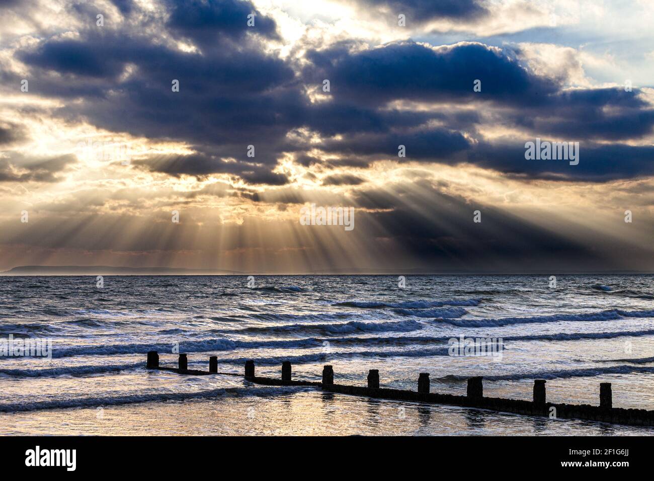 Sunset over the English Channel from the south coast resort of Bracklesham, Sussex UK Stock Photo