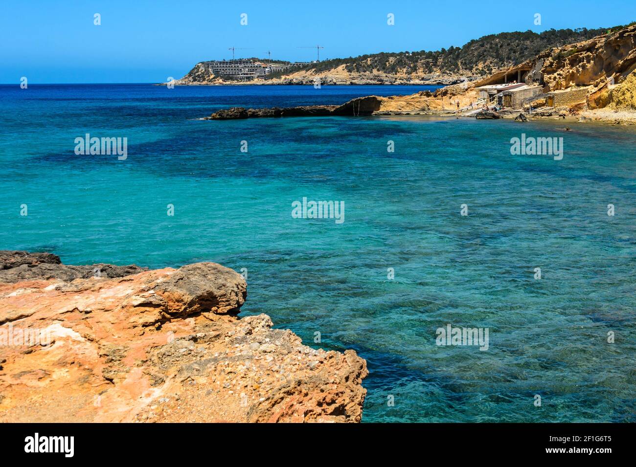 Cala Xarraca, Ibiza, Spain - May 28, 2020: Cala Xarraca one of the best known beaches on the north coast of Ibiza. A steep coast with coarse sand beac Stock Photo