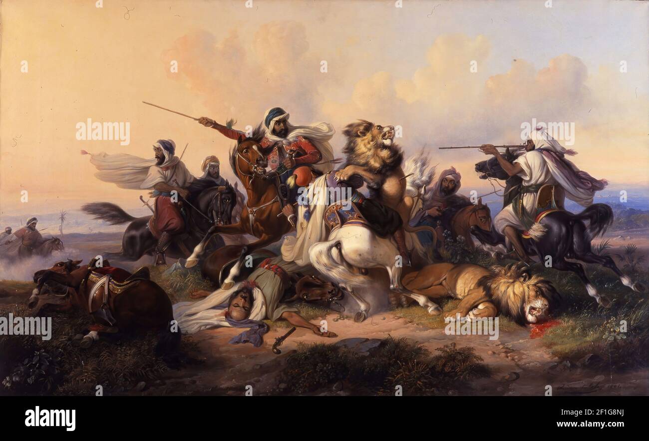Raden Saleh - The Lion hunt (1841) Stock Photo