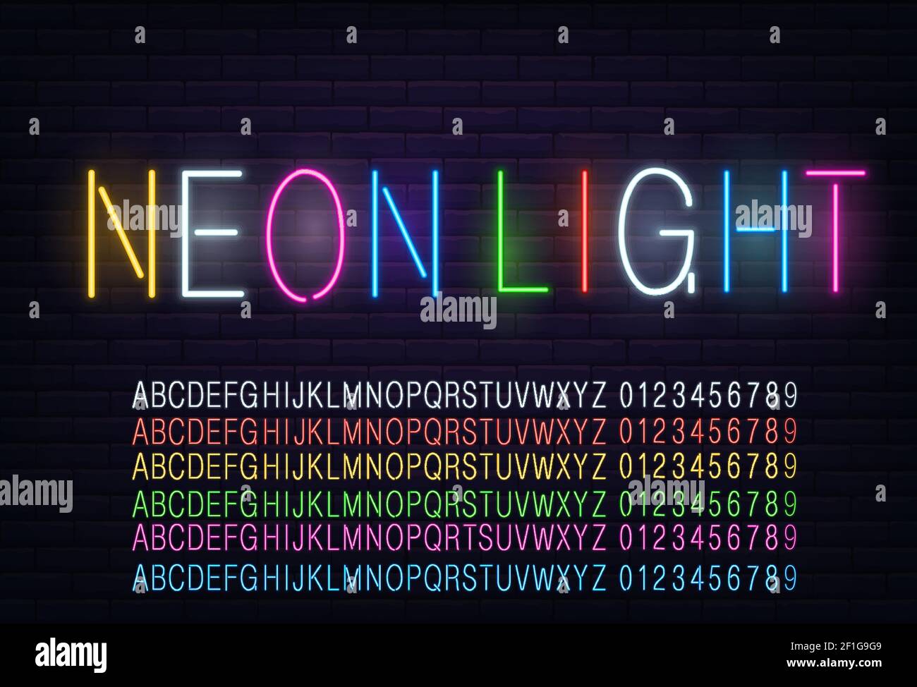 Neon Lighted Typeset, on brick wall colored neon alphabet full abc set collection, red yellow bllue violet colors Stock Vector