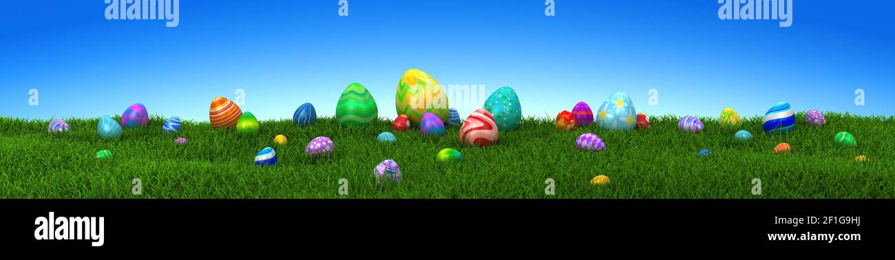 Colorful Easter eggs on green grass with blue sky - 3d render Stock ...