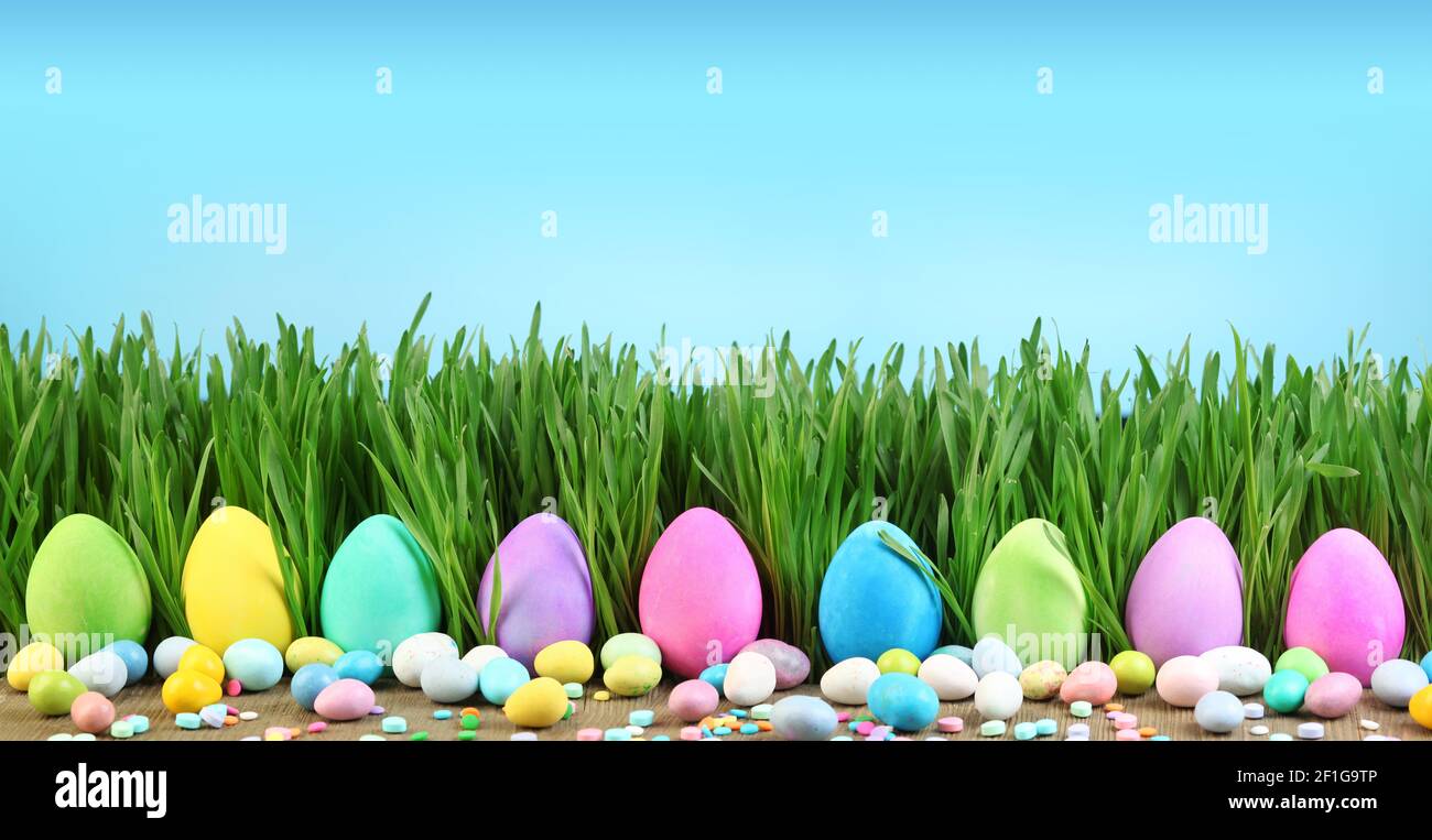 Painted Easter eggs in grass and colorful Easter candy. Stock Photo