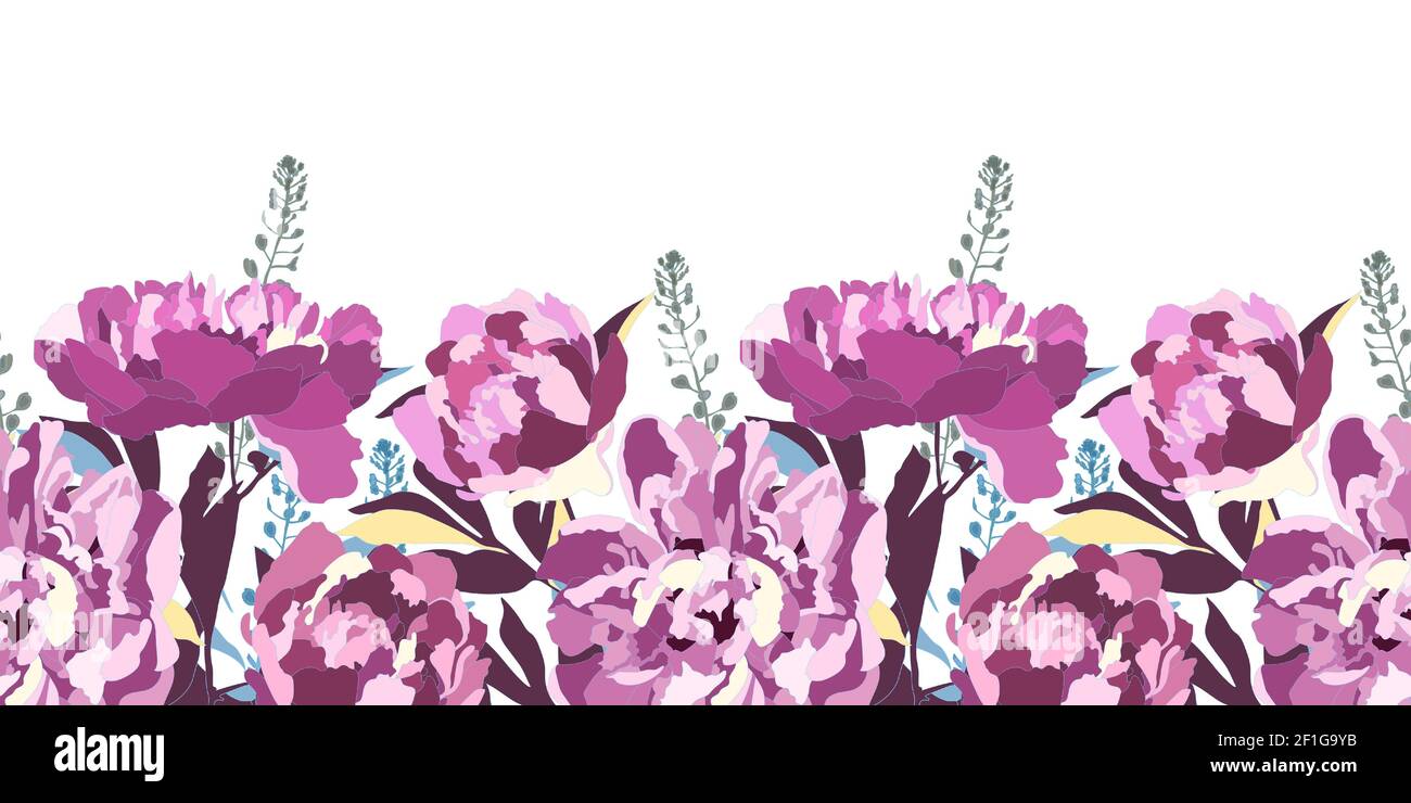 Vector floral seamless pattern, border. Purple peonies, blue, yellow, maroon branches and leaves. Stock Vector